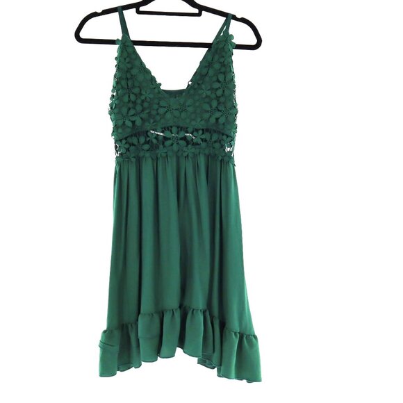 Floral Lace Boho Mini Dress Womens Small Green Ruffled Hem Fairycore Festival - Picture 1 of 9